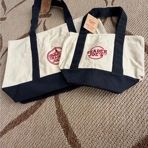 Trader Joe's Canvas Tote Bags - Cream and Blue- Set of 2
